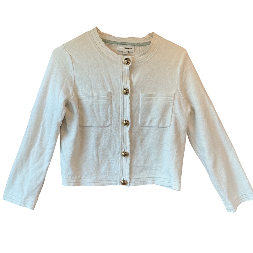 Free Assembly Womens Crew Neck Cardigan Gold Button‎ Pockets White Size M
